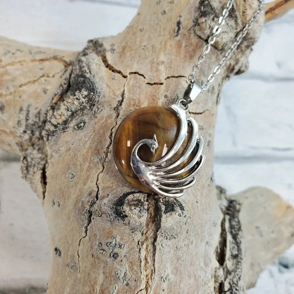 Cats Eye Rising Phoenix Amulet Natural Stone Pendant Necklace Peacock Bird - Picture 5 of 9